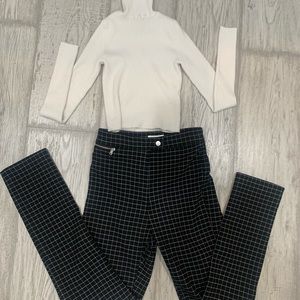Grid patterned straight leg pants slacks H&M high waisted plaid & FREE TOP